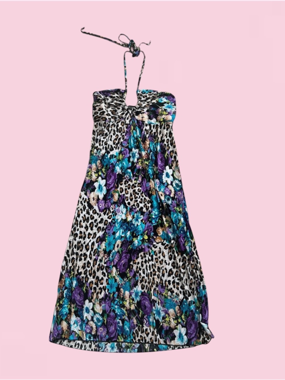 Y2K leopard print with purple/blue floral halter dress
